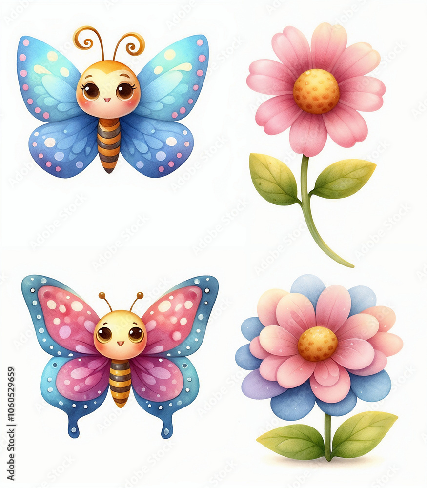 Cute cartoon butterfly set on white background. AI Cute cartoon butterfly set on white background. AI