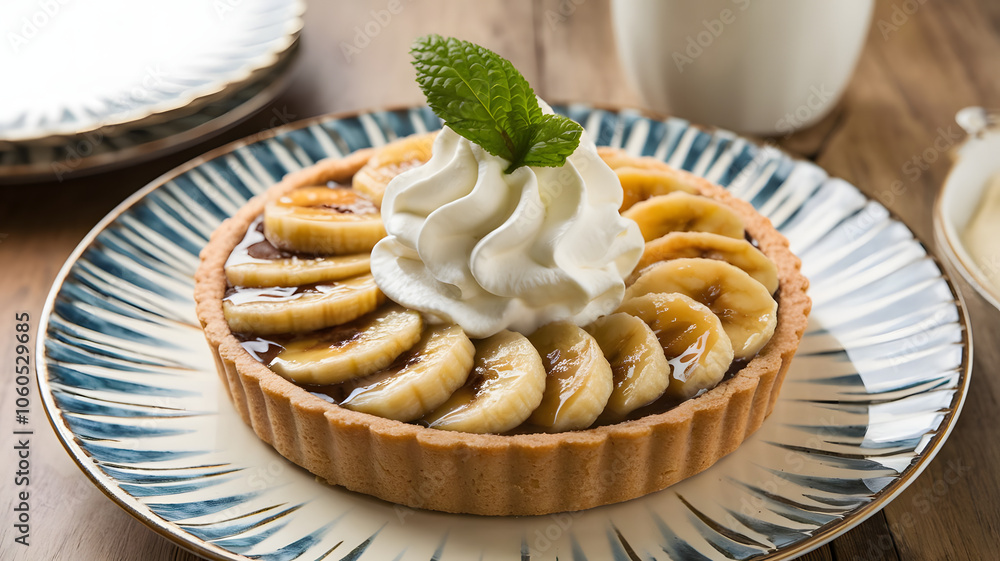 Caramelized Banana Tart: A sweet tart filled with caramelized bananas, elegantly displayed on a serving plate, garnished with whipped cream.
Caramelized Banana Tart: A sweet tart filled with caramelized bananas, elegantly displayed on a serving plate, garnished with whipped cream.