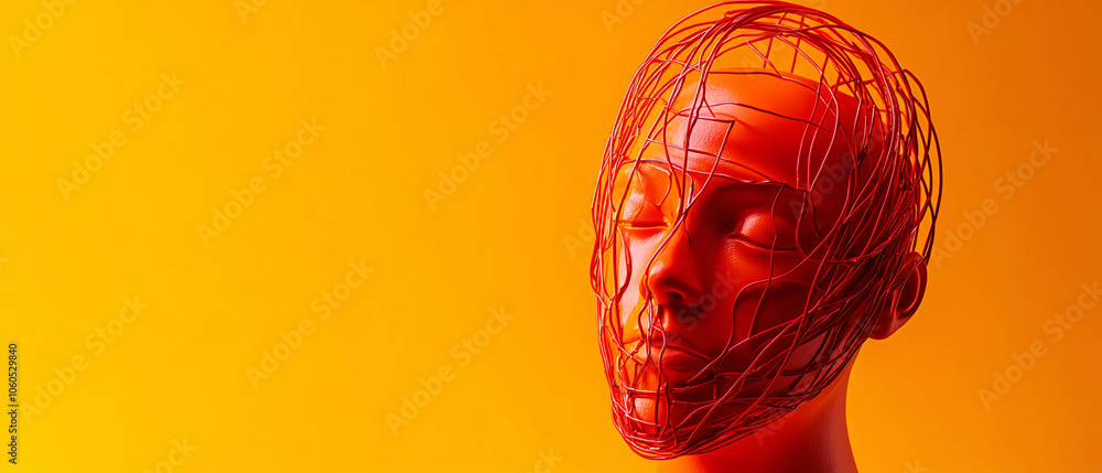 Obraz premium Abstract Red Wire Sculpture of a Human Head on Orange Background