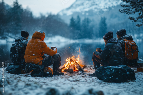 Friends sharing warmth and hot drinks by a campfire in the snowy mountains during winter