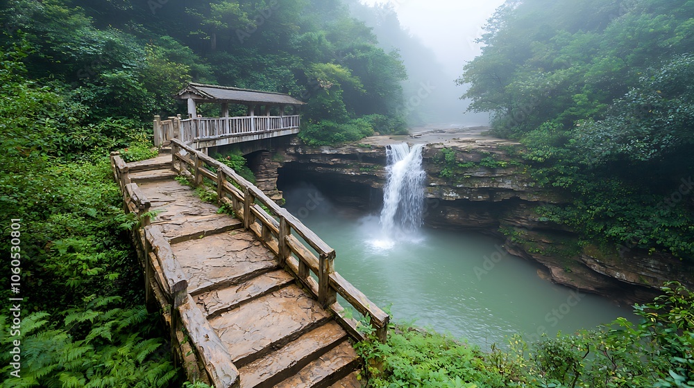 Serene waterfall cascades down rocky cliffside creating tranquil oasis surrounded by lush greenery and misty atmosphere Serene waterfall cascades down rocky cliffside creating tranquil oasis surrounded by lush greenery and misty atmosphere