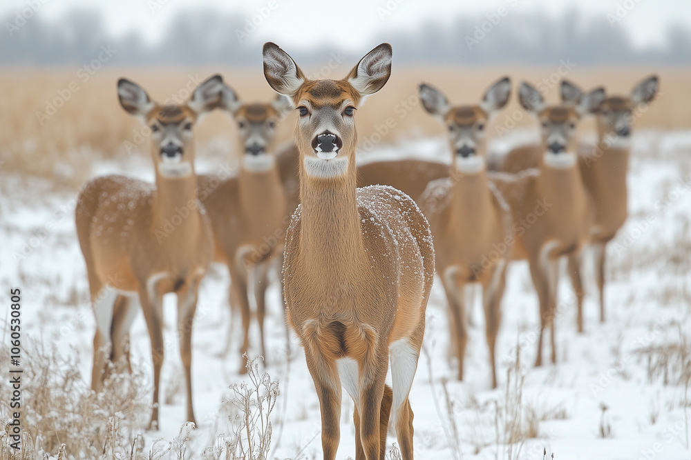 A herd of deer forages together in a snow-covered field during winter in a serene landscape A herd of deer forages together in a snow-covered field during winter in a serene landscape