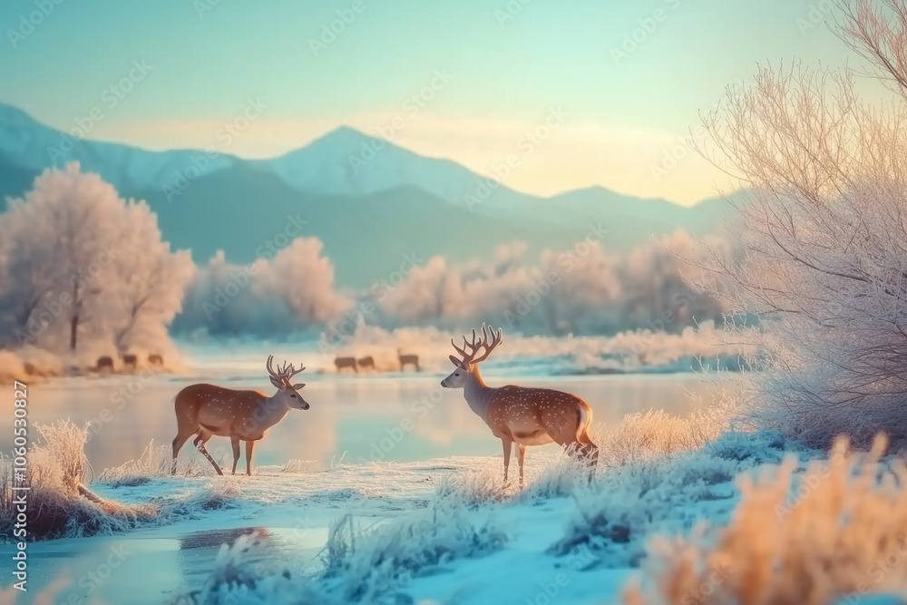 A herd of deer forages in a snow-covered field under a bright winter sky near distant mountains in the early morning light A herd of deer forages in a snow-covered field under a bright winter sky near distant mountains in the early morning light
