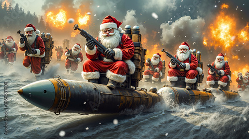 A group of santa claus riding on top of a submarine in the ocean photo