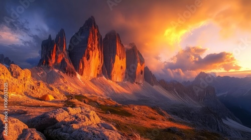 Dome tent illuminated by the warm glow of sunrise as a golden cloudscape reveals the dramatic mountain pinnacles of this panoramic landscape. ProPhoto RGB profile for maximum color fidelity and gamut