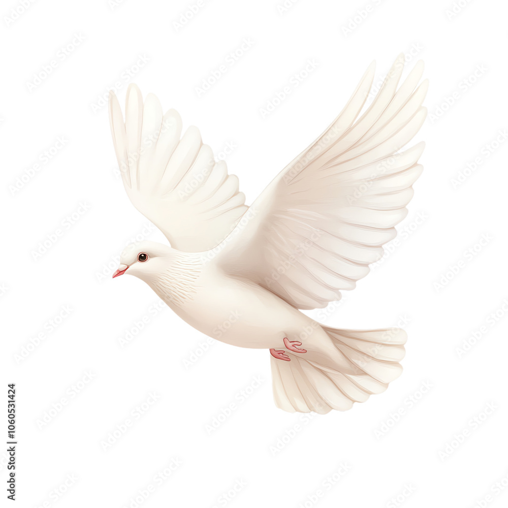 Fototapeta premium White dove in mid-flight, isolated on a white background. transparent background