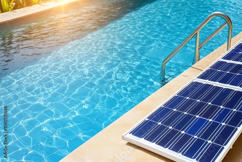 A solar panel installed by a swimming pool, showcasing renewable energy and modern design under sunlight.