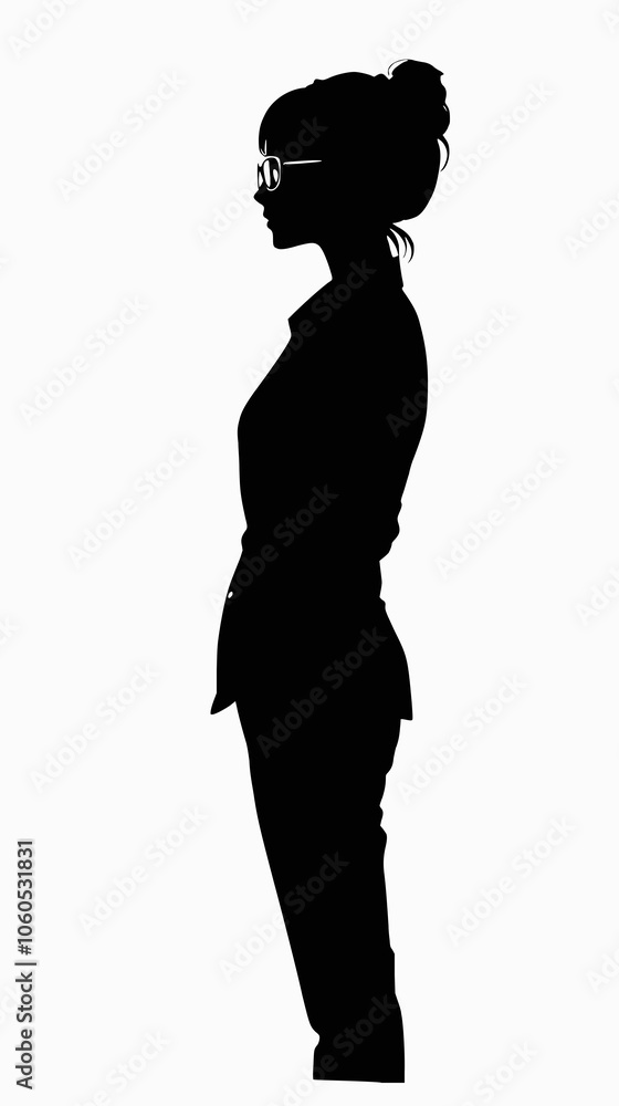 Fototapeta premium Silhouette of a woman with a office suit, wearing glasses, with chignon hair, black silhouette on a white background, vertical format