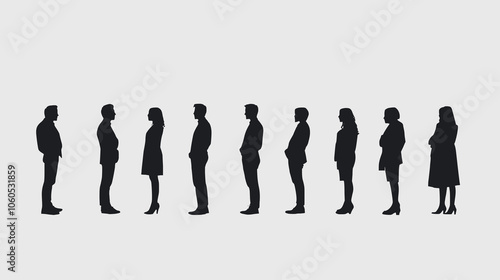 Full-length silhouettes of various casual professionals, both men and women stands in profile and looking on the right side, depicted in black and white on a light backdrop, 