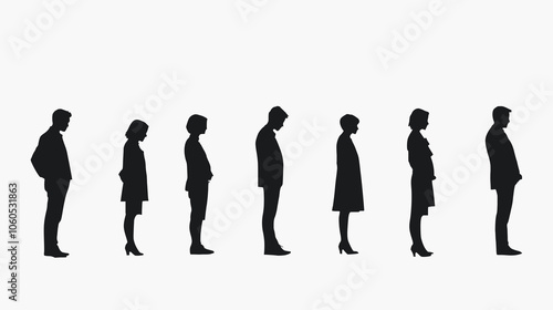 Full-length silhouettes of various casual professionals, both men and women stands in profile and looking on the right side, depicted in black and white on a light backdrop, 