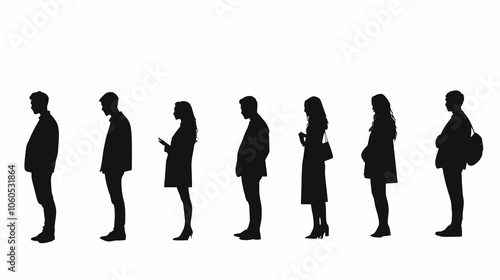 Full-length silhouettes of various casual professionals, both men and women stands in profile and looking on the right side, depicted in black and white on a light backdrop, 