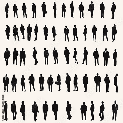 Isolated white background with 2d black silhouettes of business people