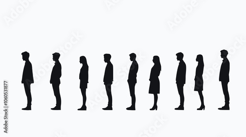 Full-length silhouettes of various casual professionals, both men and women stands in profile and looking on the right side, depicted in black and white on a light backdrop, 