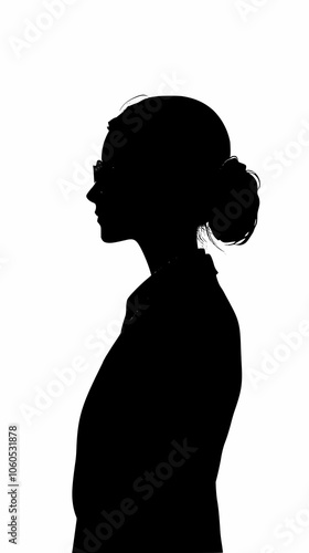 Silhouette of a woman with a office suit, wearing glasses, with chignon hair, black silhouette on a white background, vertical format