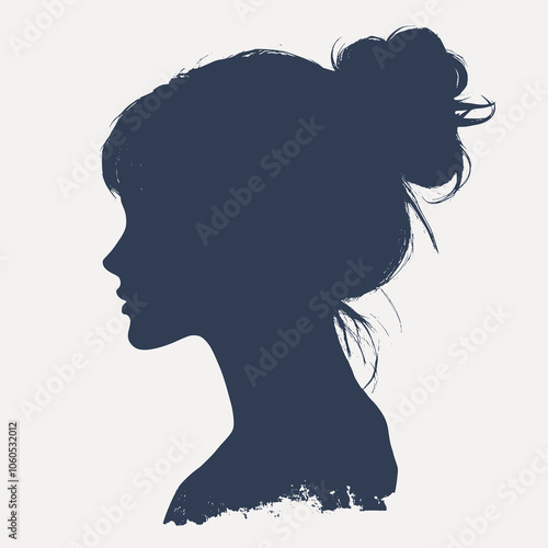 Solid silhouette of the head and shoulders of a medium-sized woman in profile with a messy bun hairstyle on a white background