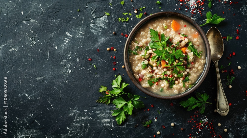 Natural, dietary comfort food styling with buckwheat porridge and herbs on dark background. Natural, dietary comfort food styling with buckwheat porridge and herbs on dark background.