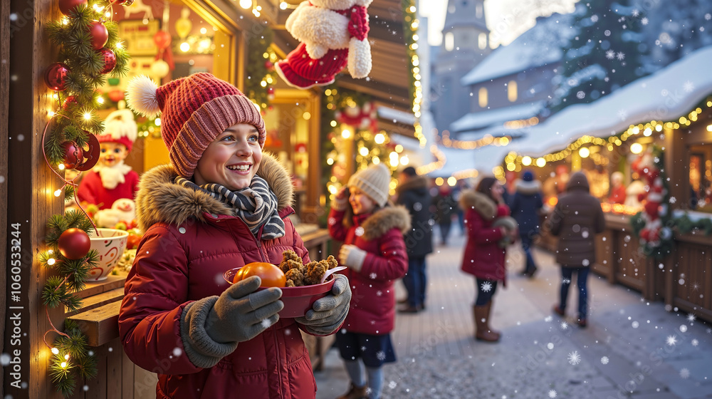 A woman in a red coat and hat holding a bowl of food A woman in a red coat and hat holding a bowl of food