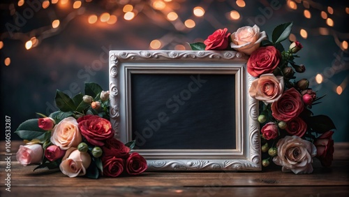 Elegant Landscape Photo Frame Mockup with Red and Pink Roses on a Pastel Pink Wall - Perfect for Home Decor and Floral Designs photo