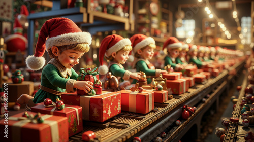 A group of elves sitting on top of a conveyor belt filled with presents