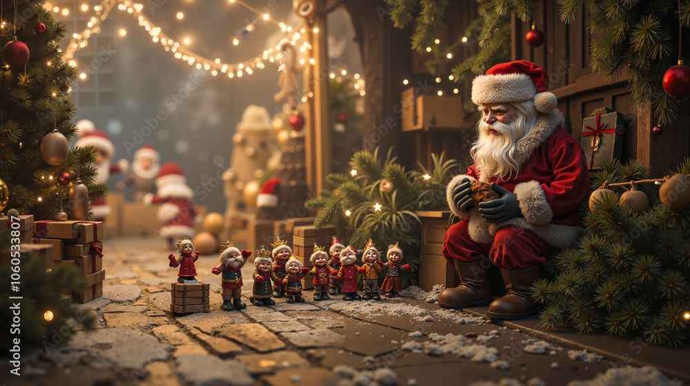 Obraz premium A santa claus sitting in front of a group of small figurines