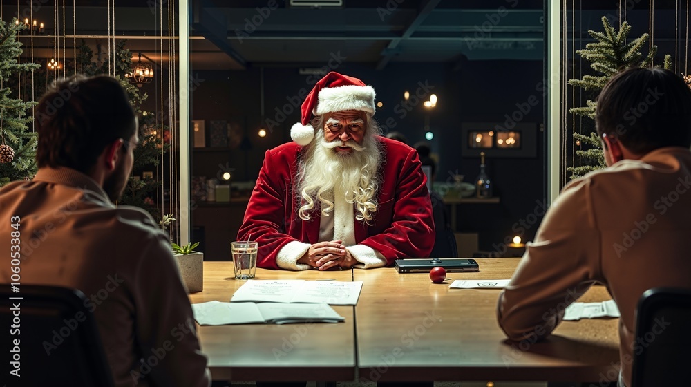 A man dressed as Santa Claus sitting at a table with two men A man dressed as Santa Claus sitting at a table with two men