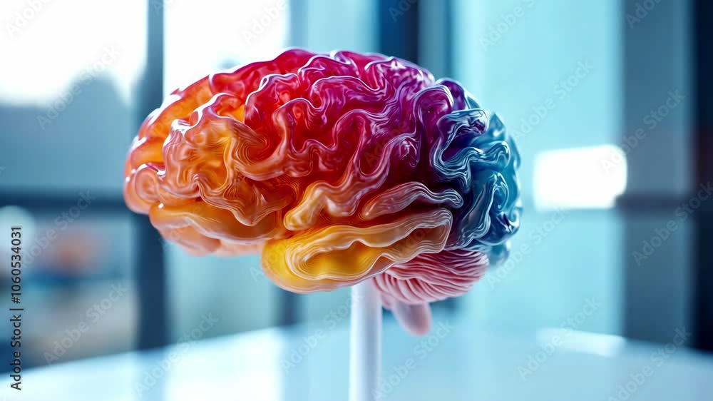 Close-up of a vibrant 3D model of a human brain in a modern lab setting ...