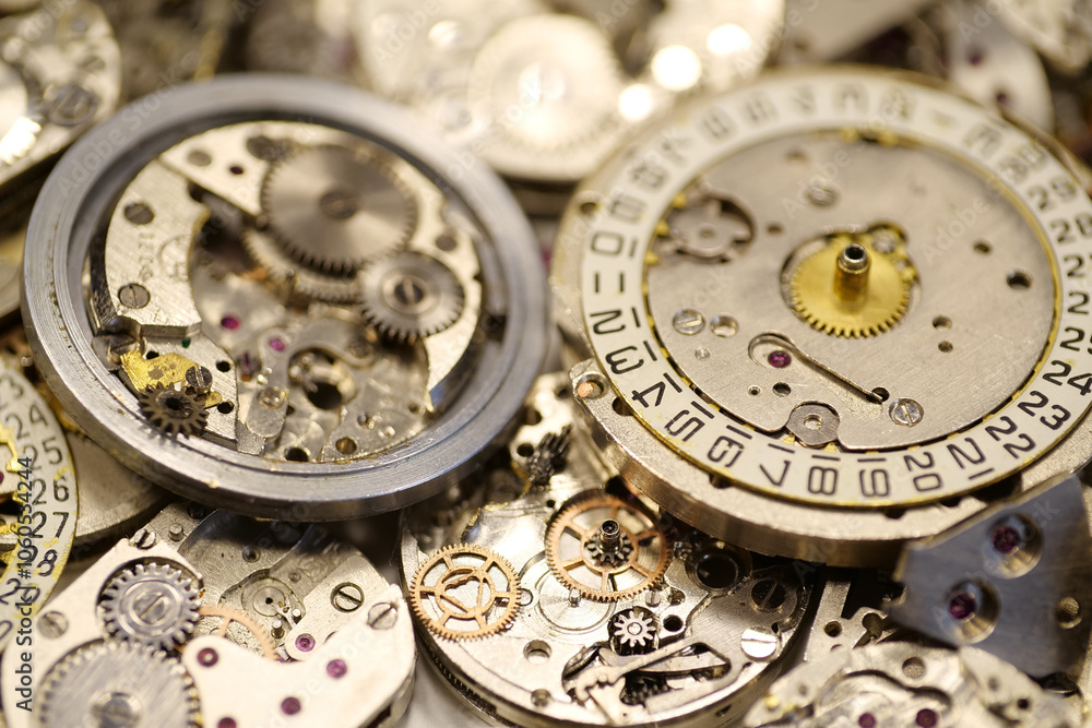 Old mechanical watches with gears and cogs. Watch or clock mechanisms Old mechanical watches with gears and cogs. Watch or clock mechanisms