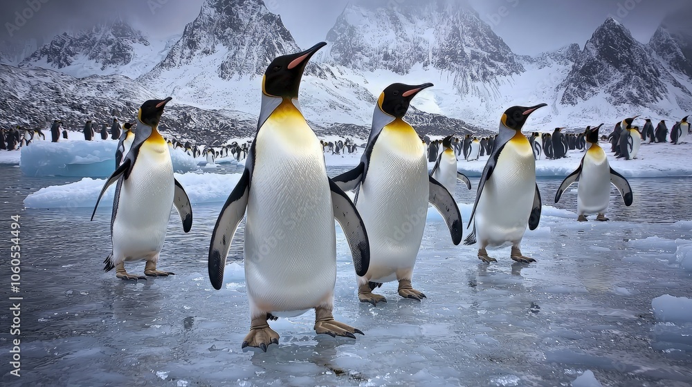 Obraz premium A group of King Penguins walk across a frozen lake in Antarctica, with snow-capped mountains in the background.