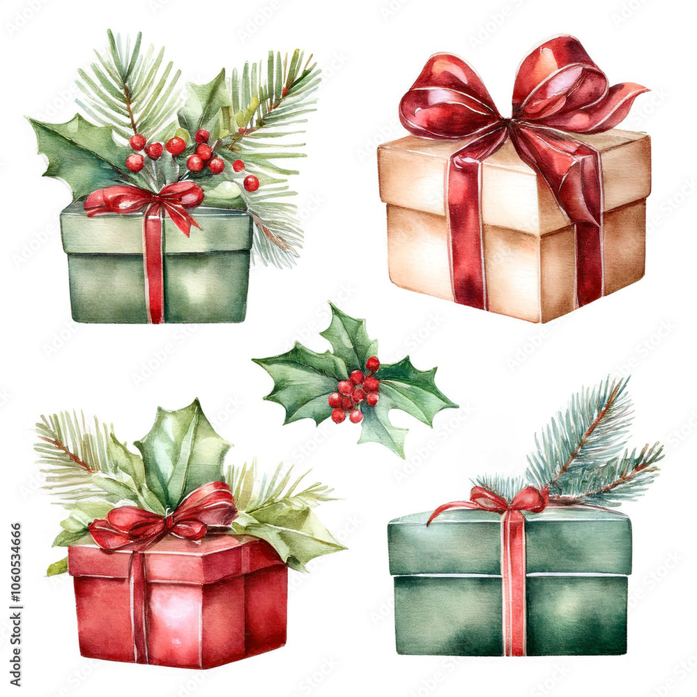 Beautiful set watercolor of Christmas gifts on a white background, with Christmas decoration fir tree, holly and red berries. Perfect illustration for xmas motifs, winter or festive themes. Beautiful set watercolor of Christmas gifts on a white background, with Christmas decoration fir tree, holly and red berries. Perfect illustration for xmas motifs, winter or festive themes.
