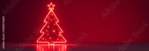 Glowing neon red christmas tree figure. Banner with futuristic red christmas tree on red background with space for text
