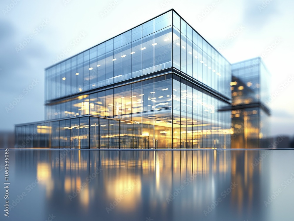 High-tech digital twin of a modern office building, glass architecture, minimalist design, and precise lighting reflections