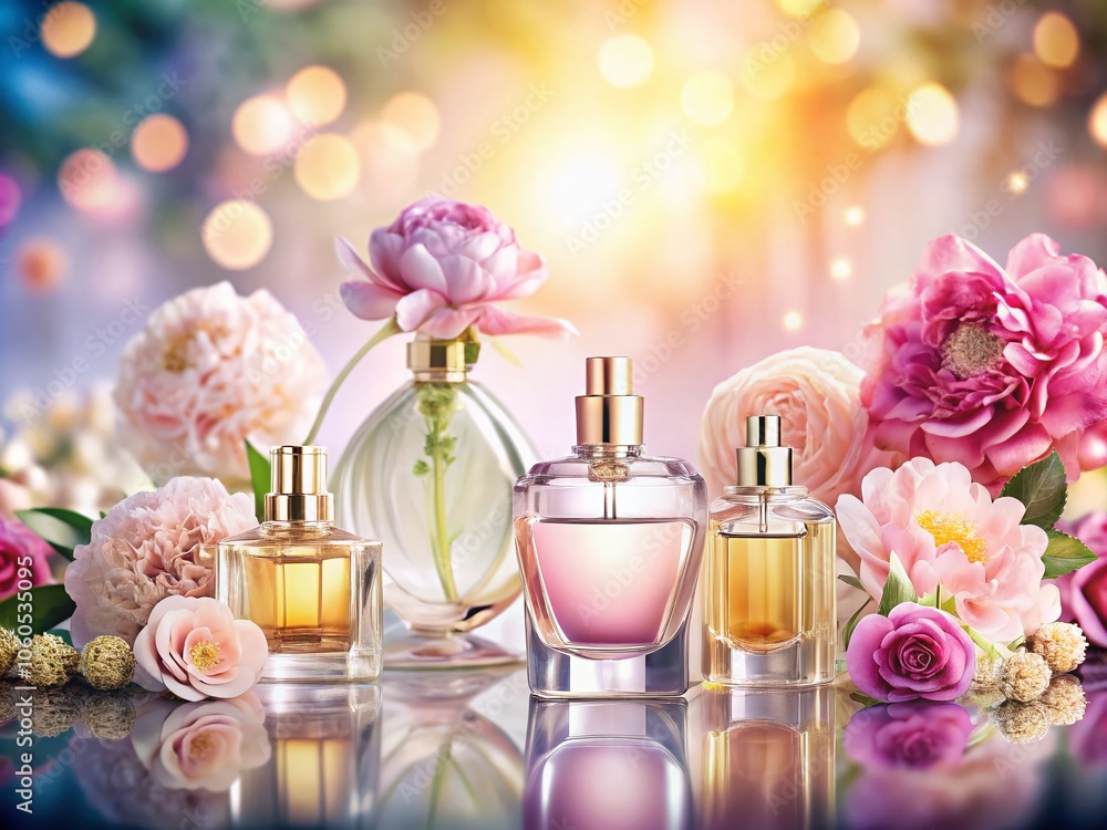 Elegant Perfume Bottles Display with Floral Accents and Soft Lighting for Perfume Advertising and Branding Elegant Perfume Bottles Display with Floral Accents and Soft Lighting for Perfume Advertising and Branding