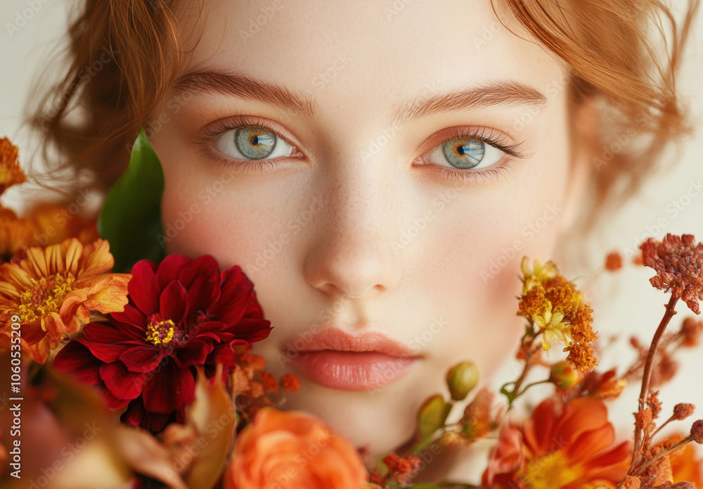 Close-up portrait of a beautiful woman with a bouquet of autumn flowers. Close-up portrait of a beautiful woman with a bouquet of autumn flowers.