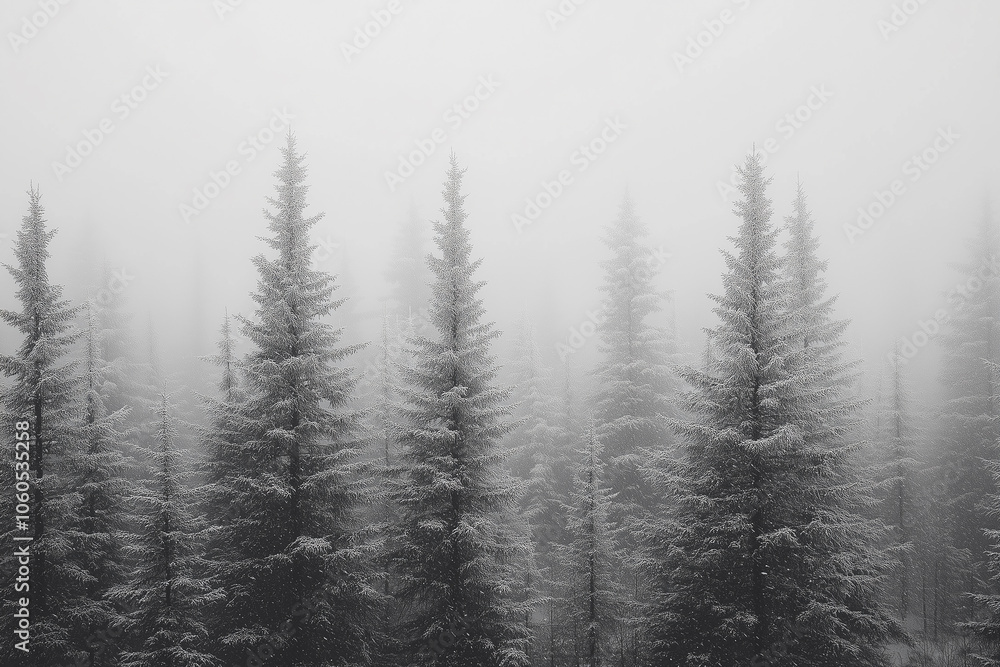 Obraz premium A tranquil winter landscape featuring tall pine trees adorned with fresh snow in a serene forest