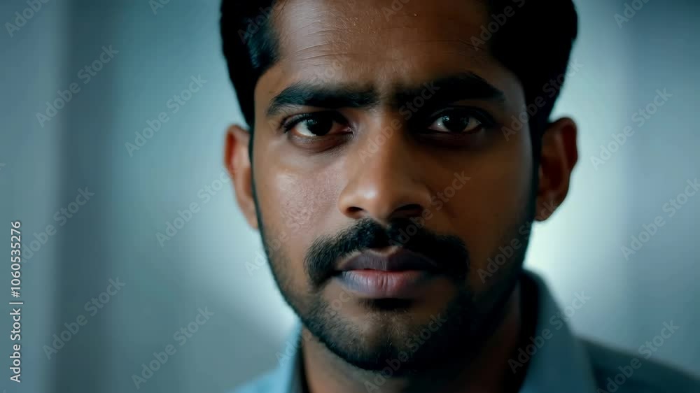 Close-up portrait of a serious young Indian man with dark eyes and a mustache Close-up portrait of a serious young Indian man with dark eyes and a mustache