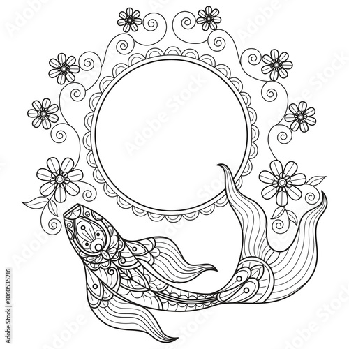 Fish and flowers hand drawn for adult coloring book