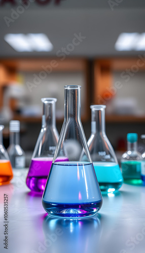 Group of flask on a lab table isolated with white highlights, png