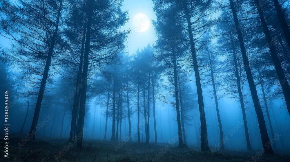 A misty forest at night, bathed in the eerie glow of a full moon. A misty forest at night, bathed in the eerie glow of a full moon.