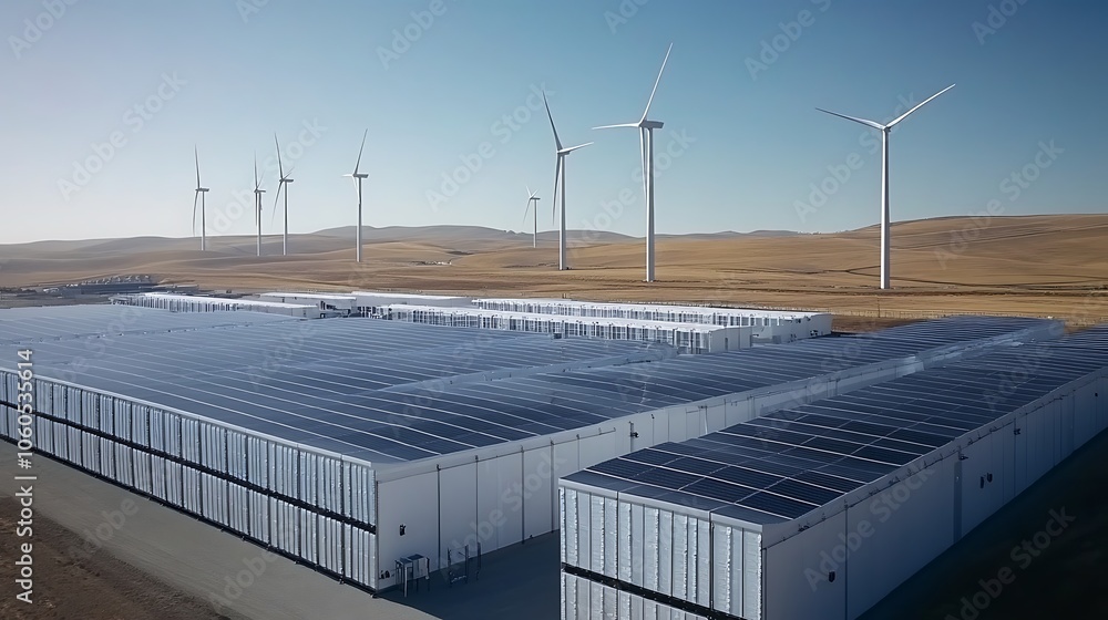 Modern battery storage facility with solar panel Modern battery storage facility with solar panel
