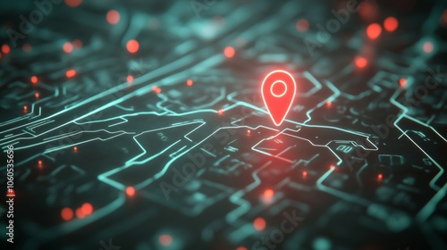 City mapping interface with a digital pin, emphasizing precise GPS and navigation
