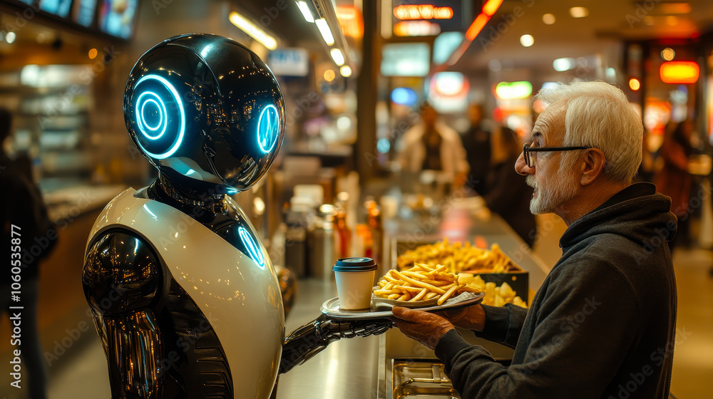 Futuristic Fast-Food Experience: Humanoid Robot Serving Senior Customer at Modern Restaurant Futuristic Fast-Food Experience: Humanoid Robot Serving Senior Customer at Modern Restaurant