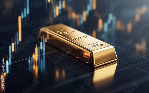 Gold bar on stock market chart, finance and investment concept. photo