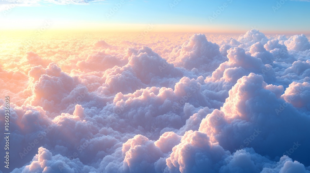 The sky is filled with fluffy white clouds, creating a serene The sky is filled with fluffy white clouds, creating a serene