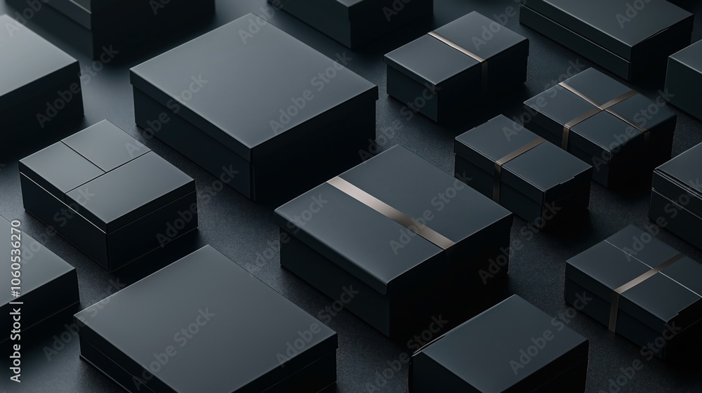 Minimalist black gift boxes of various sizes and shapes arranged on a dark background, showcasing elegant packaging design with subtle lighting highlights. Minimalist black gift boxes of various sizes and shapes arranged on a dark background, showcasing elegant packaging design with subtle lighting highlights.
