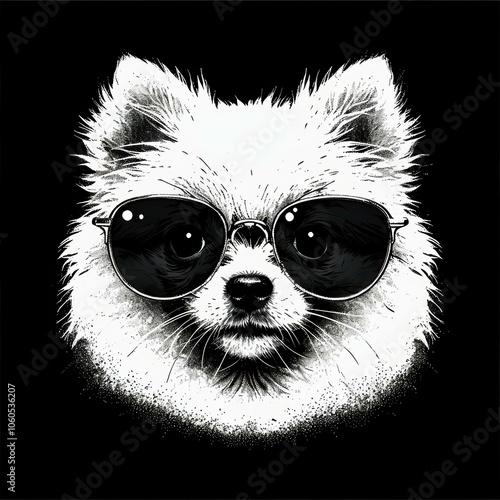 a playful illustration of a white Pomeranian wearing stylish black sunglasses photo