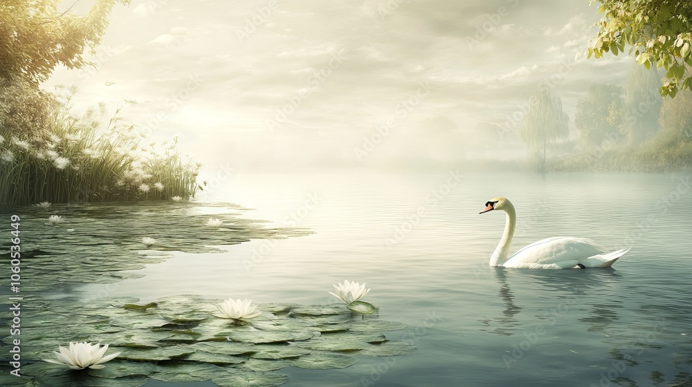 Naklejka premium Swan Gliding Across a Tranquil Lake with Lily Pads