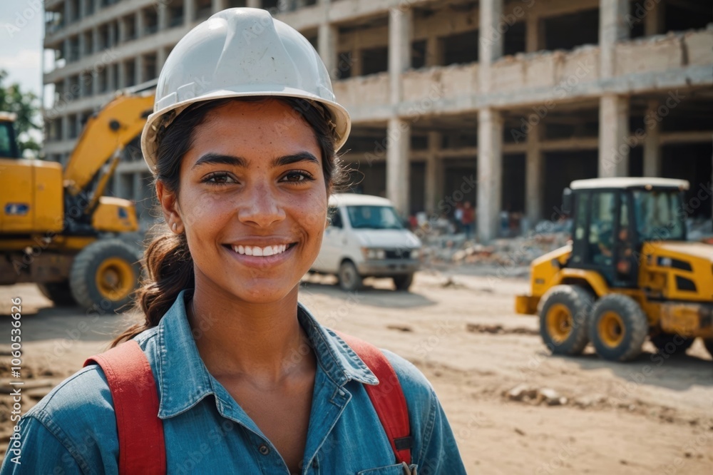 Close portrait of a smiling young Cuban woman construction worker looking at the camera, Cuban outdoors construction site blurred background Close portrait of a smiling young Cuban woman construction worker looking at the camera, Cuban outdoors construction site blurred background