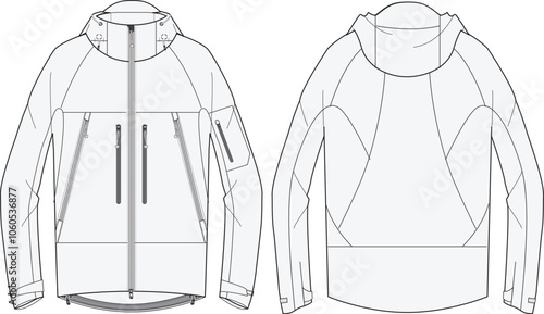 Hard shell waterproof rain jacket technical CAD fashion illustration front and back views Template for Outerwear Design and Sportswear Tech Packs for Ski and Snowboard Apparel