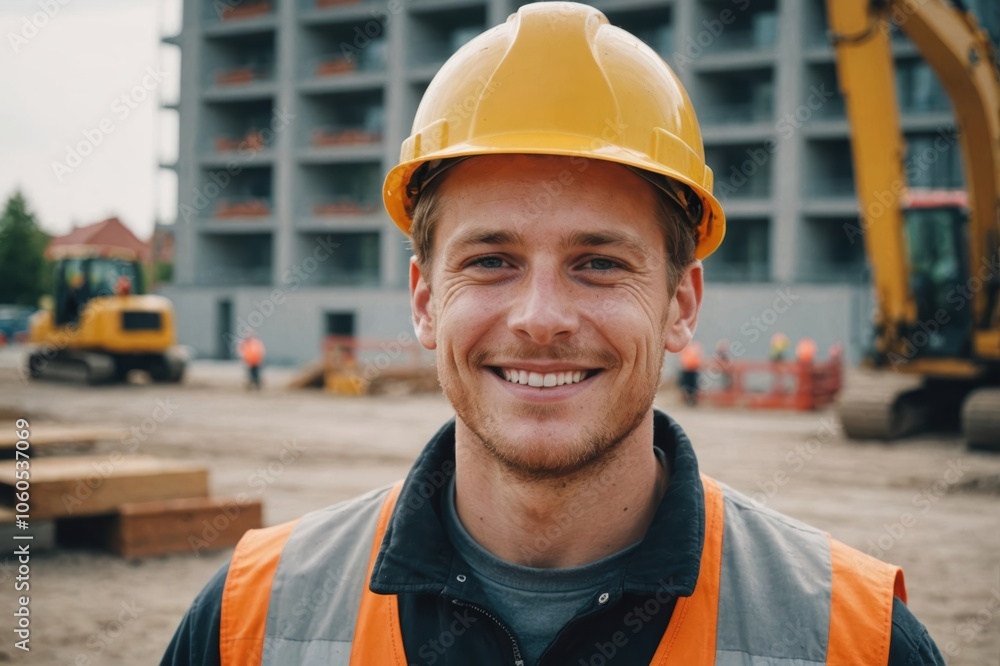 Close portrait of a smiling young Danish man construction worker looking at the camera, Danish outdoors construction site blurred background Close portrait of a smiling young Danish man construction worker looking at the camera, Danish outdoors construction site blurred background