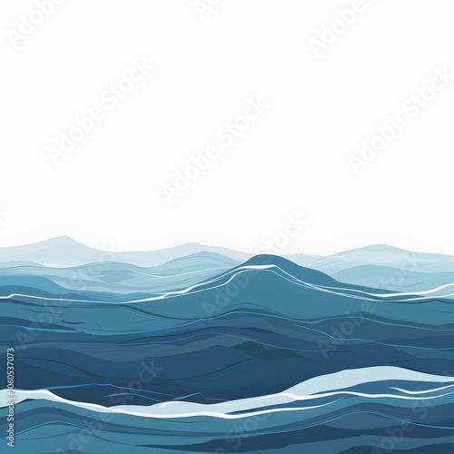 simple minimalistic illustration of ocean waves with serene blue tones highlighted by white, cinematic, png